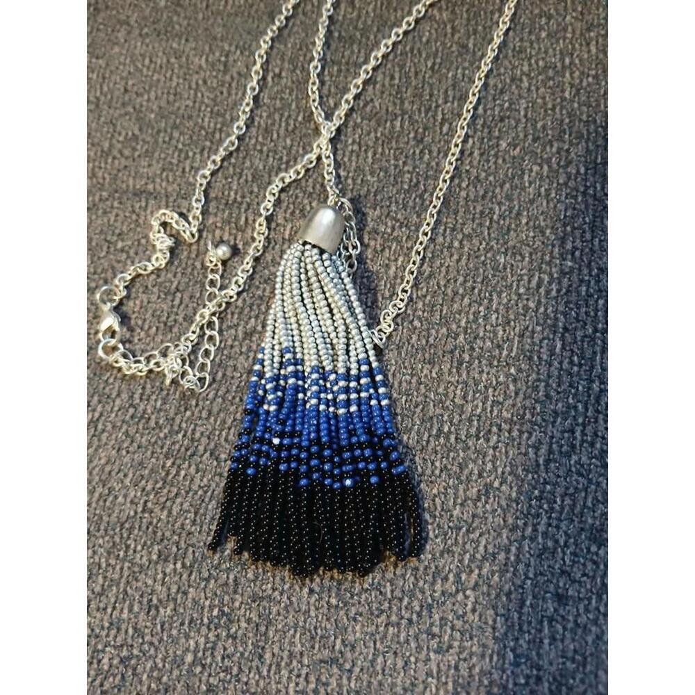 Tassel Necklace Blue Silver Tone Black Ombre Beaded Long Chain 28-30" - Picture 4 of 6